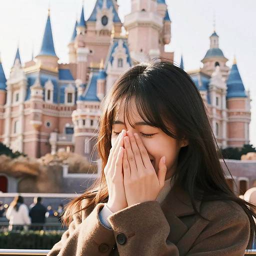 Asian woman with long black hair, covering her face with hands, standing in front of a sunlit, blue-turreted castle. Photo.