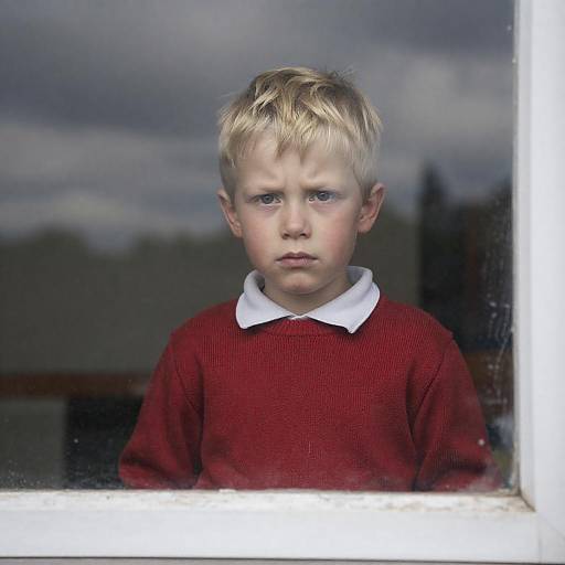 Anxious Boy Behind Dusty Window
