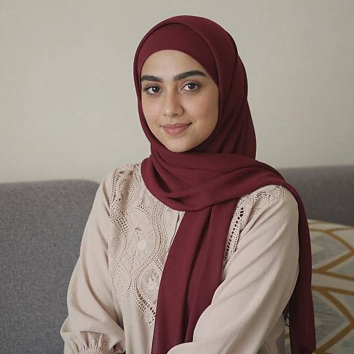 Photograph of a young woman with light brown skin, wearing a maroon hijab and white lace blouse, smiling softly, seated on a gray sofa