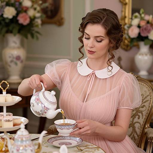 Vintage-style photograph of a fair-skinned woman with curly brown hair, wearing a sheer pink dress with a white collar, pouring tea from a floral te