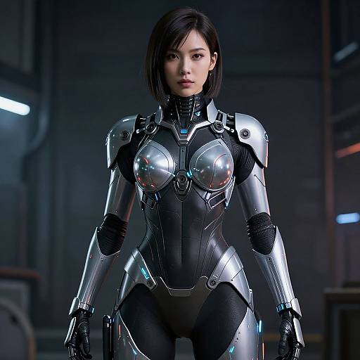 CGI image of an Asian woman with short black hair in a futuristic, silver and black armored suit, standing in a dimly lit, industrial setting