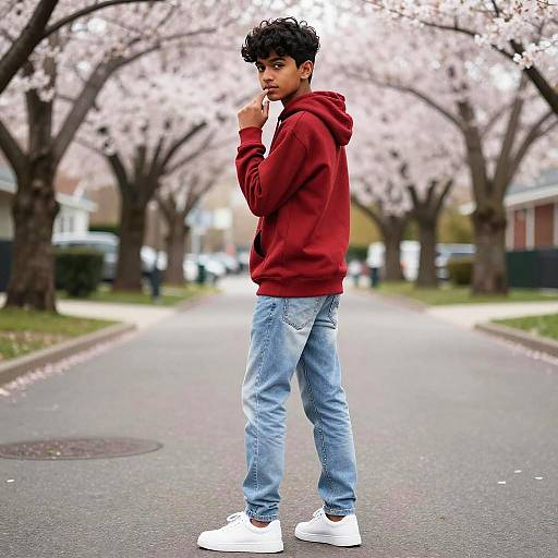 Teenage Boy in Red Hoodie Among Cherry Blossoms