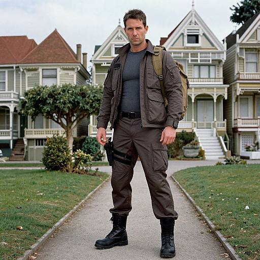 Photograph of a muscular, serious-looking man in dark tactical gear standing on a suburban path with Victorian houses in background.