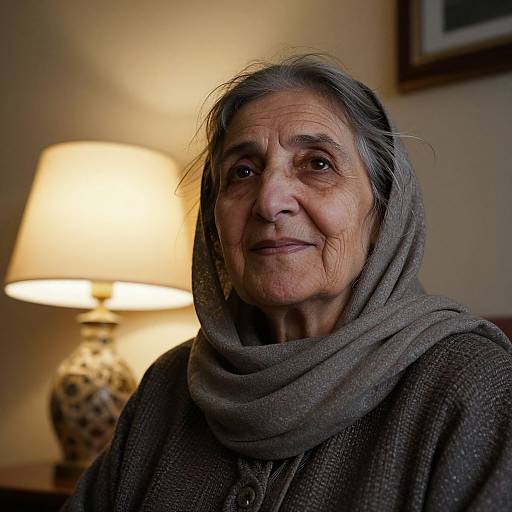Photograph of an elderly woman with wrinkled skin, gray hair, and brown eyes, wearing a gray headscarf and brown textured sweater, smiling