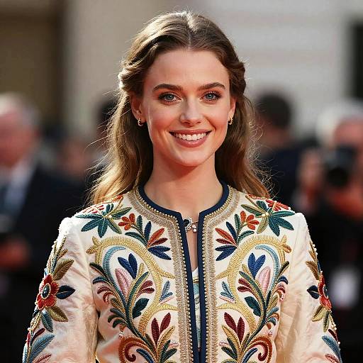 Photograph of a smiling woman with long brown hair, wearing an intricately embroidered white blouse with floral patterns, standing outdoors in front of a blurred crowd