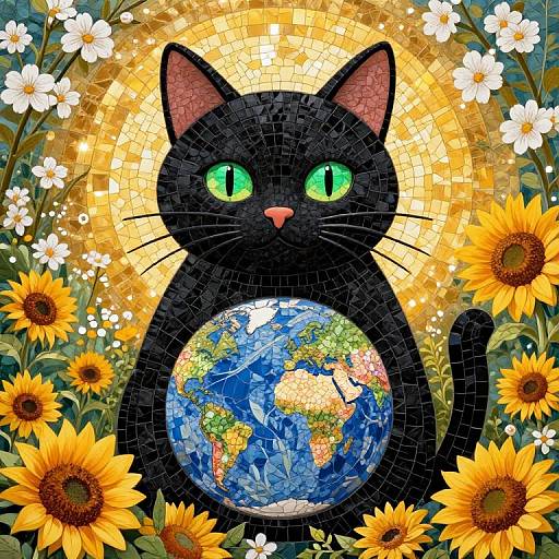 Digital artwork of a black cat with bright green eyes, holding a mosaic Earth, surrounded by sunflowers and white daisies.