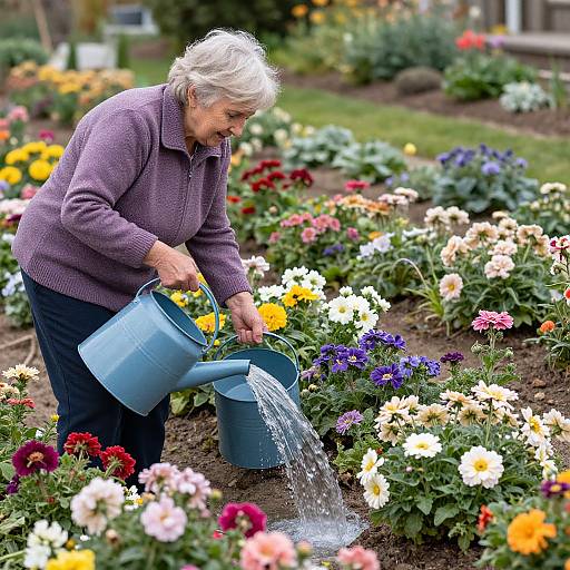 Photograph of an elderly woman with short white hair, wearing a purple sweater, watering vibrant flower beds with a blue metal watering can.