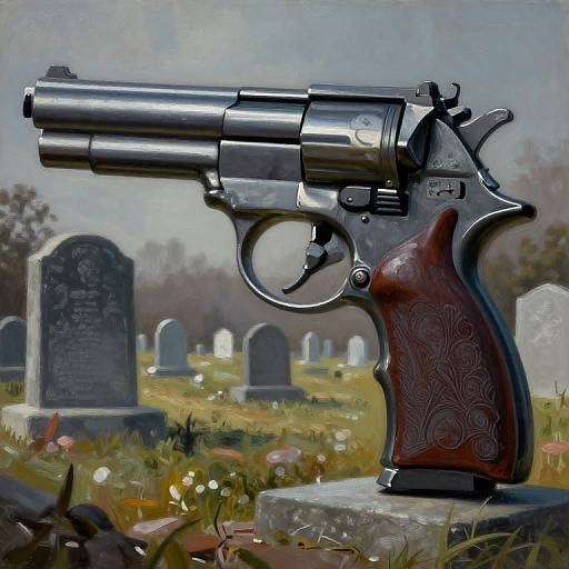 Digital painting of a silver revolver with ornate wooden grip, standing on a grave in a sunlit, grassy cemetery.