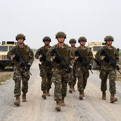 Soldiers on Gravel Road Under Overcast Sky