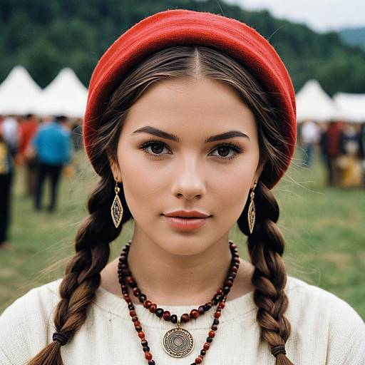 Young Woman in Red Headwear at Outdoor Festival
