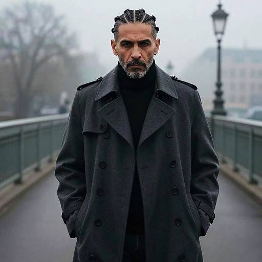 Photograph of a stern-looking middle-aged man with braided hair, gray beard, and intense gaze, wearing a dark overcoat, standing on a