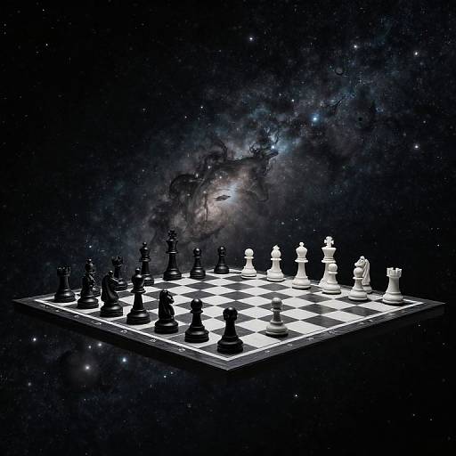 Digital artwork of a black-and-white chessboard floating in space with stars and a nebula background. Chess pieces are arranged mid-game.