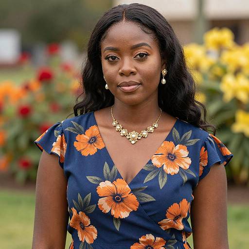 Portrait of Woman in Blue Floral Dress with Gold Jewelry