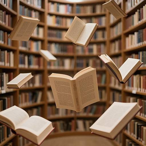 Photograph of open books floating in mid-air, surrounded by a circular wooden bookshelf filled with colorful books.