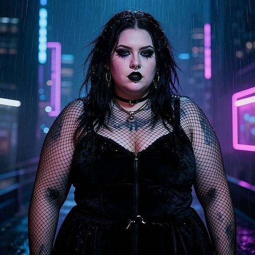 Photograph: Heavyset woman with black fishnet sleeves, gothic makeup, and dark dress stands in neon-lit rainy cityscape, water casc