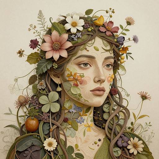 Digital illustration of a young woman with flowing brown hair, adorned with colorful flowers, leaves, and fruits, blending nature and human features in a dreamy