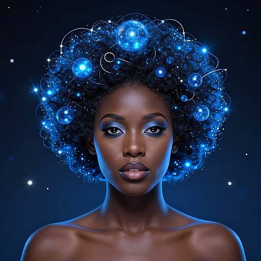 Digital portrait of a dark-skinned woman with a glowing, starry, blue afro against a dark, cosmic background. Her expression is serene,