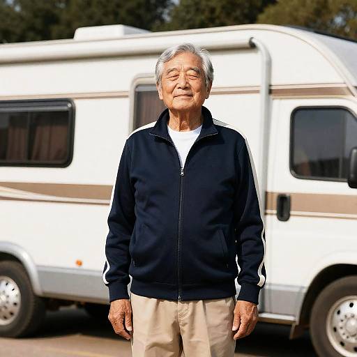 Smiling Elderly Man by RV in Nature