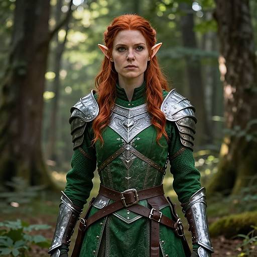 Photorealistic CGI of a red-haired elf woman with pointed ears, wearing green armor and silver shoulder plates, standing in a forest.