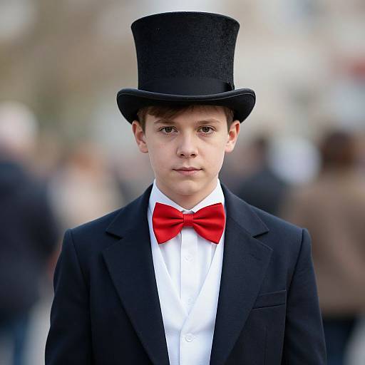 Photograph of young boy in black top hat, red bow tie, white shirt, and black suit, standing in blurred outdoor crowd.