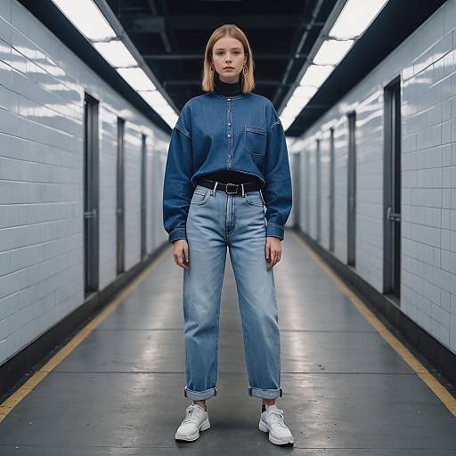 Woman in Low Rise Baggy Jeans on Subway Platform
