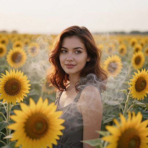Photograph of a smiling young woman with wavy brown hair, wearing a gray tank top, standing in a sunflower field with smoky, eth