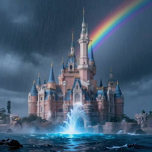 Digital painting of a majestic, pink and blue fairy-tale castle with a radiant rainbow, illuminated by a powerful fountain, under a stormy night sky