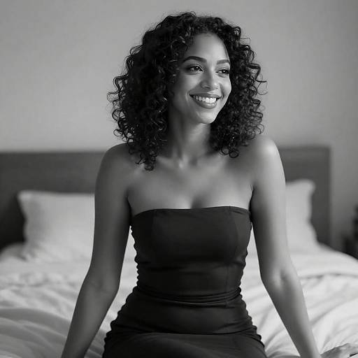 Black-and-White Smiling Woman on Bed