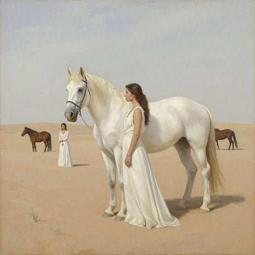 Photorealistic painting of a brown-haired woman in a white dress standing beside a white horse in a desert, with two brown horses and another woman in