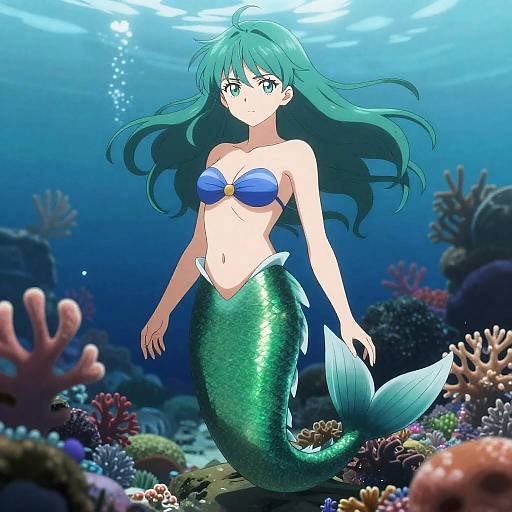Anime Mermaid with Teal Hair in Coral Reef
