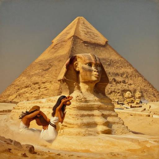 Photograph of two women in white dresses posing in front of a large, ancient Egyptian stone head and pyramid under a clear sky.