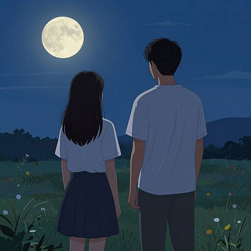 Digital anime-style illustration of a couple standing in a grassy field at night, facing a full moon. The girl wears a white shirt and black skirt