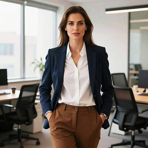 Photograph of a confident woman with long brown hair, wearing a navy blazer, white shirt, and brown pants, standing in a bright, modern