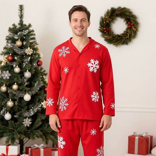 Man in Festive Red Pajamas