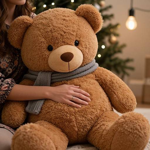 Photograph of a woman with wavy brown hair, wearing a lace top, gently resting her hand on a large, brown teddy bear with a