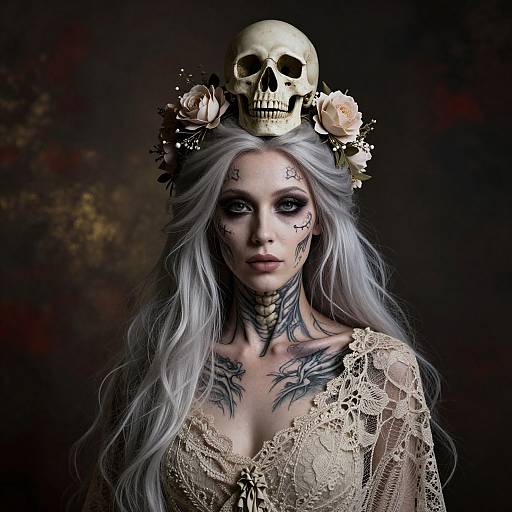 Photograph-style digital art of pale woman with long silver hair, skull on head, floral crown, lace dress, tattoos, dark background.