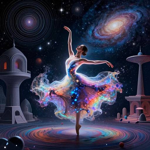 A cosmic ballerina with a glowing, galaxy-patterned dress gracefully dances under a starry sky, surrounded by surreal, space-themed architecture. Digital