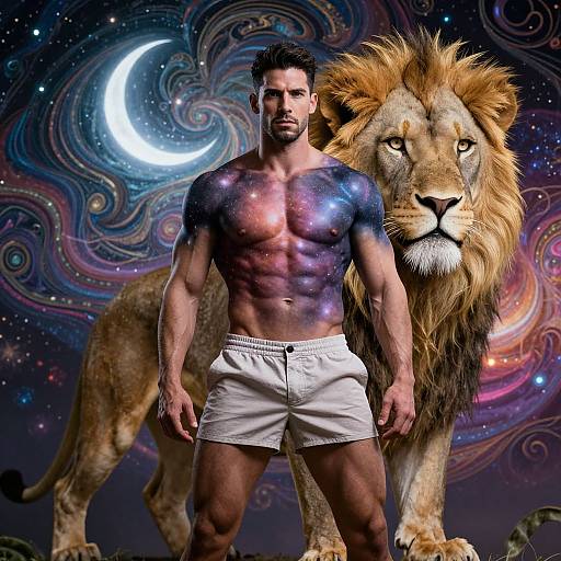 Photograph-style digital art: Muscular, shirtless man with starry tattooed chest, white shorts, standing beside a majestic lion under a cosmic