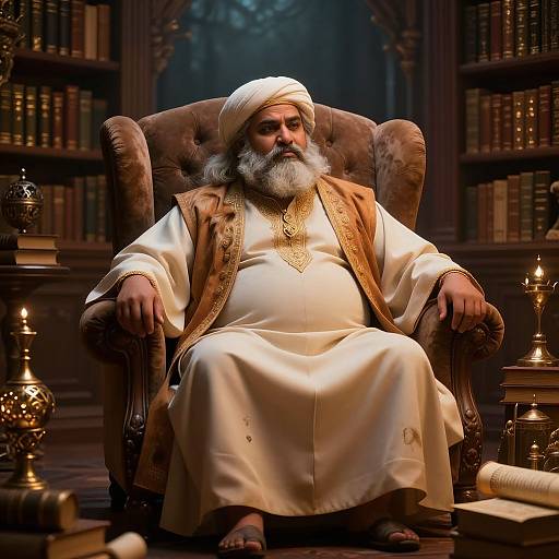 Photograph of an elderly Middle Eastern man with a white beard and turban, wearing a white robe and gold-trimmed vest, sitting in a