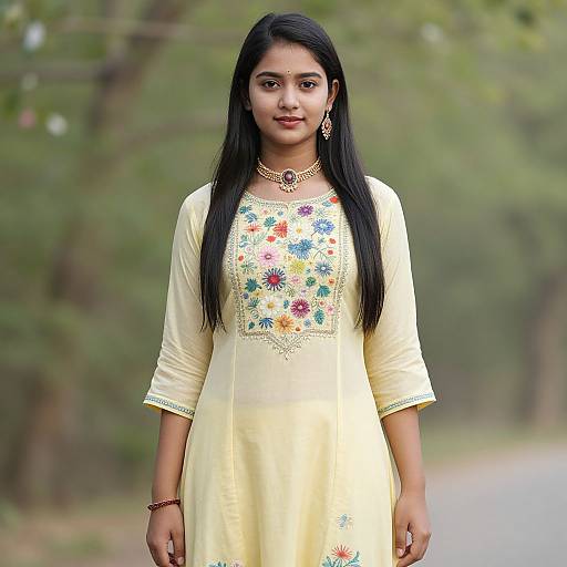 Photograph of an Indian woman with long black hair, wearing a yellow embroidered kurti, standing outdoors in a green forest.