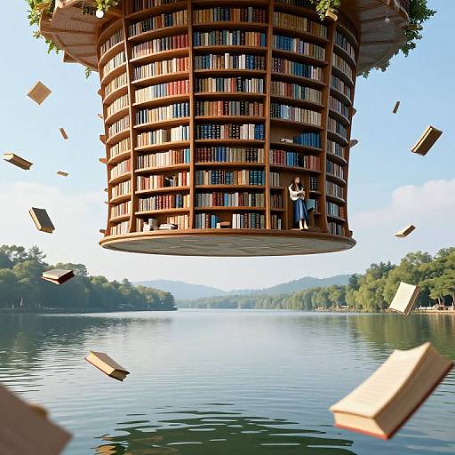 Upside-Down Library Over Tranquil Lake