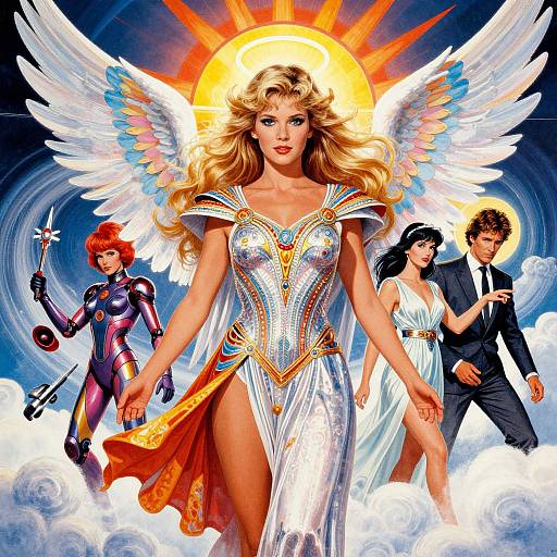 Digital artwork of a blonde angel woman in a shimmering white gown with wings, surrounded by a red-haired warrior, a black-haired woman in a white