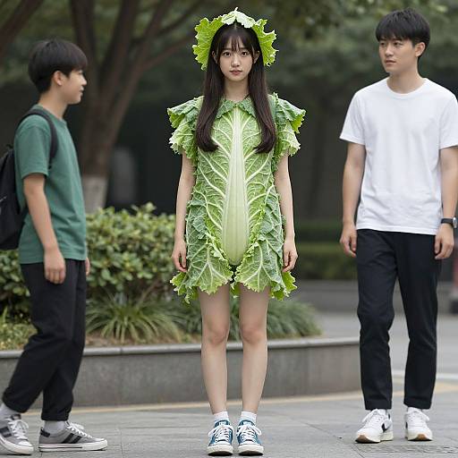Photograph of an Asian woman in a leafy green cabbage dress and headpiece, standing center, flanked by two boys in casual clothes, outdoors