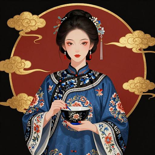 Elegant Asian Woman in Traditional Silk Garment