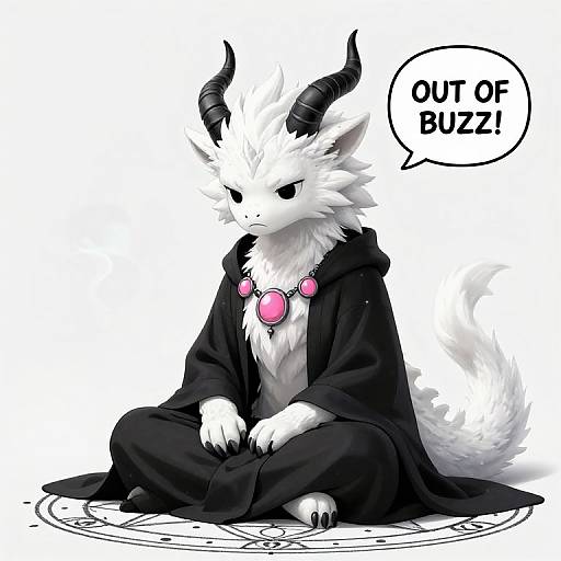 Digital drawing of a white, fluffy, horned dragon wearing a black robe with pink gem necklace, sitting, speaking 