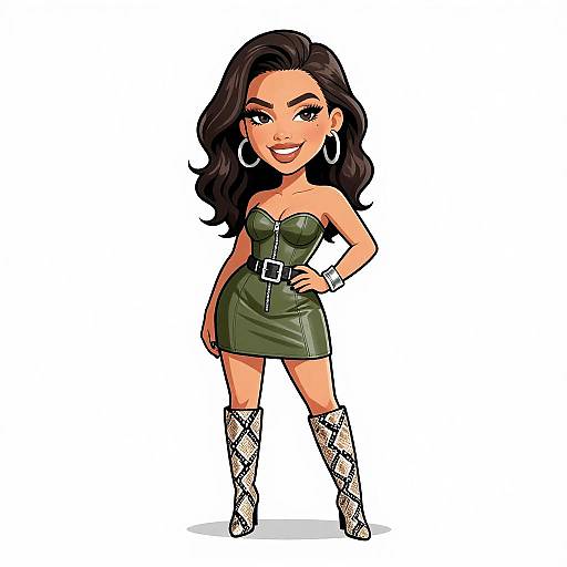 Digital cartoon of a confident, smiling woman with long black hair, green leather strapless mini dress, belt, silver hoop earrings, and white patterned
