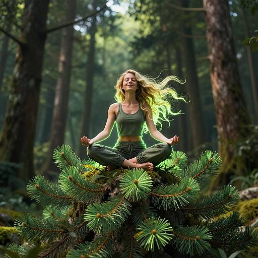 Photograph of a blonde woman with long hair, wearing a green tank top and pants, meditating in lotus position on a pine tree in a