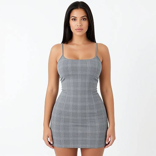 Photograph of a young woman with long black hair, wearing a tight, gray, spaghetti-strap, checkered mini dress, standing against a plain
