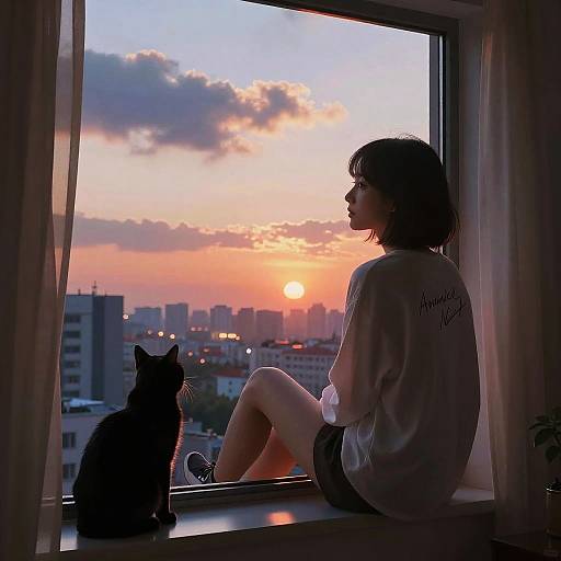 Photograph of a silhouetted woman in a white shirt and black shorts, sitting on a window sill with a black cat, watching a colorful