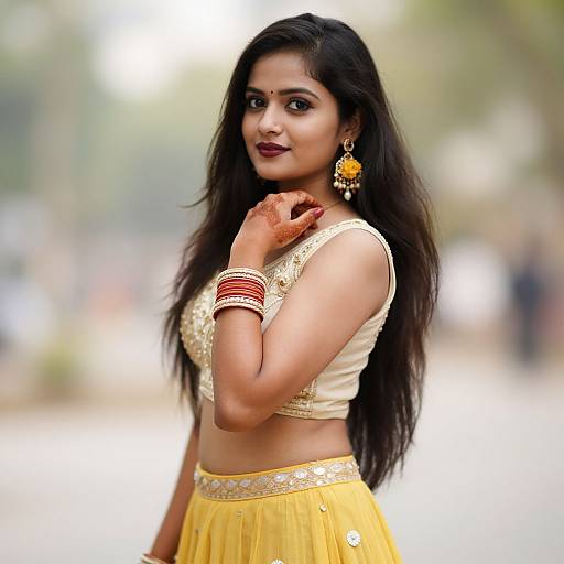 Photograph of a beautiful Indian woman with long black hair, wearing a yellow traditional outfit, red bangles, gold earrings, and a white crop top